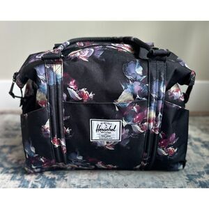 HERSCHEL Black Purple Dark Floral Double Top Handle Large Utility Duffle Bag